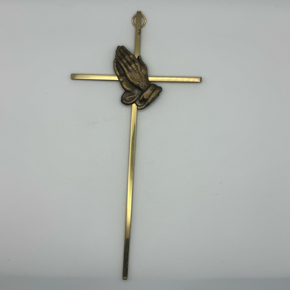Vintage Mid Century Modern Brass Wall Cross Praying Hands Crucifix
